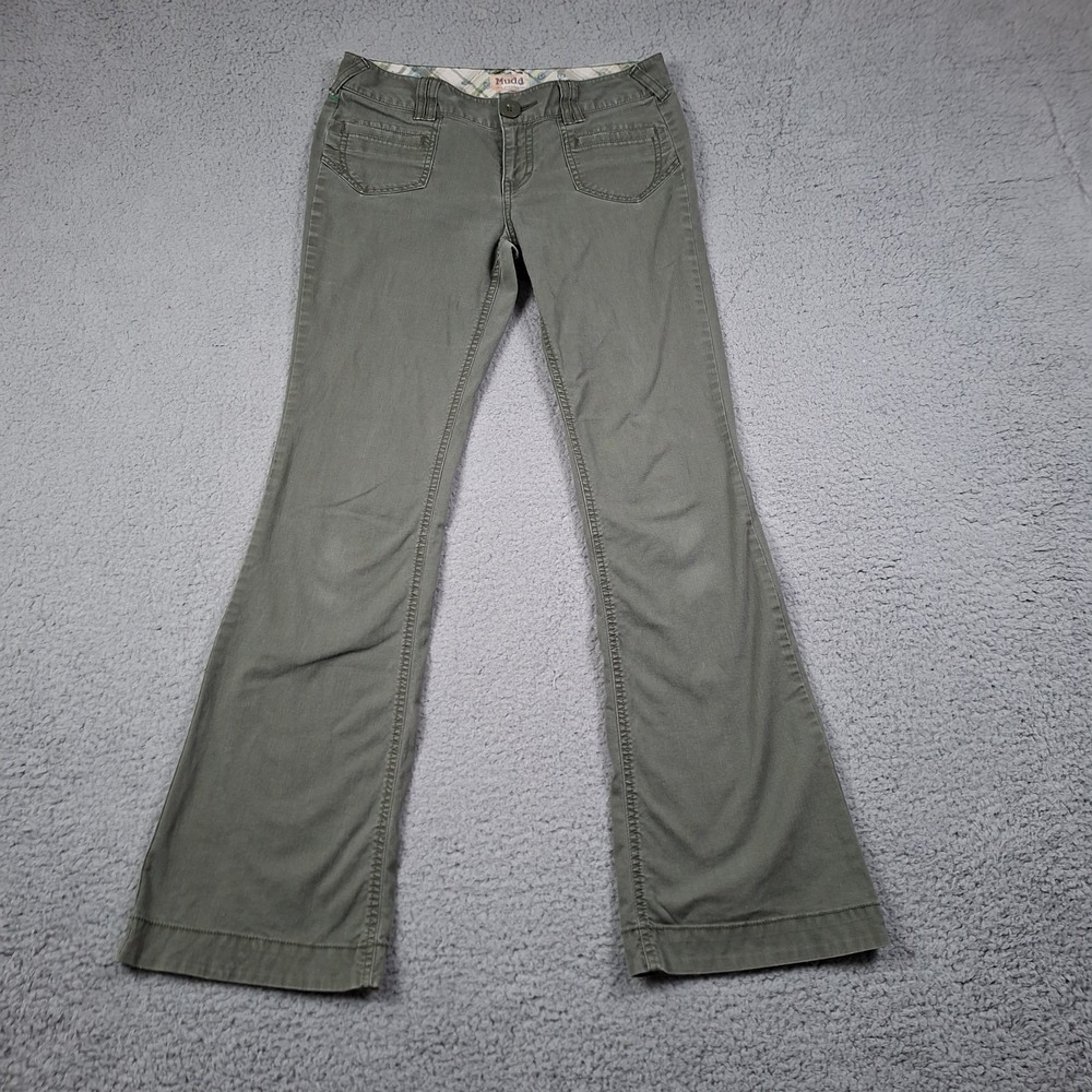 Vintage Mudd Jeans Womens 7 Olive Green Flare Leg Low Rise Utility Pants 30x31.5